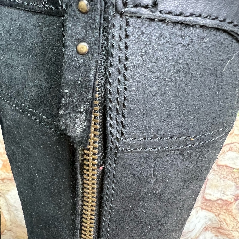 UGG Black Leather and Suede Shearling Sole Moto Style Zip Riding Boots, 6.5 - Picture 8 of 13